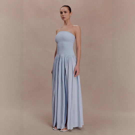 Damen Maxi-Kleid mit elastischem Oberteil und fließendem Rock EB