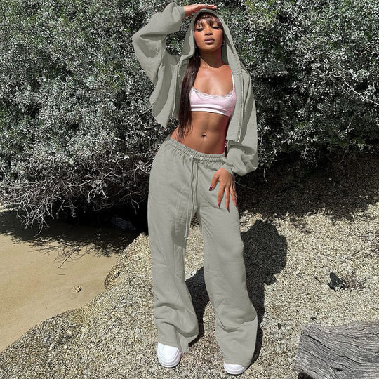 Damen Sportliches Hoodiekombination mit cropped Oberteil und weiten Hosen EB