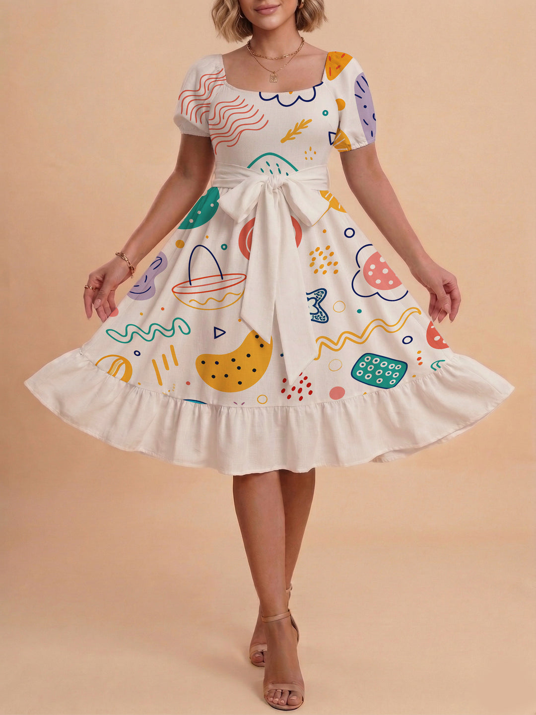 Damen Sommerkleid mit floralem Puffärmel und taillierbarem Gürtel EB