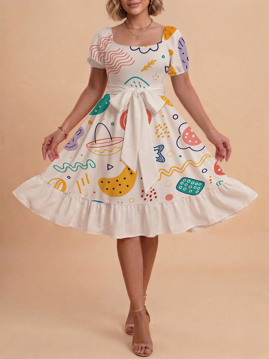 Damen Sommerkleid mit floralem Puffärmel und taillierbarem Gürtel EB