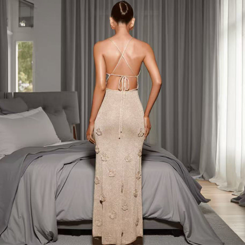 Damen elegantes Strickkleid mit raffiniertem Blumenstickereien EB