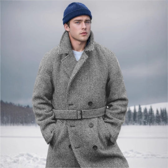 Herren eleganter Wollmantel mit Fischgrätmuster EB