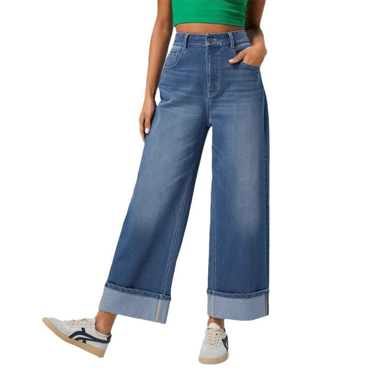 Damen Weit geschnittene Jeans mit hohem Bund und umgeschlagenem Saum EB