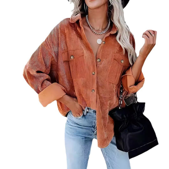 Damen lässige Kordjacke mit Knopfverschlüssen und Taschen EB