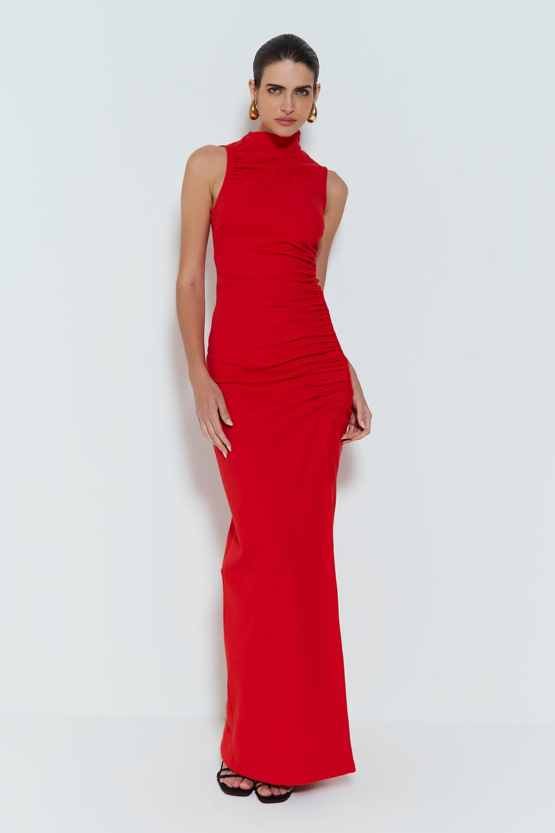 Damen Figurbetontes Maxikleid mit Stehkragen und geschmeidigem Rüschen-Design EB