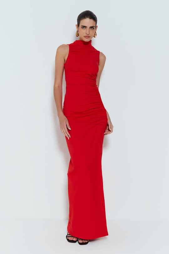 Damen Figurbetontes Maxikleid mit Stehkragen und geschmeidigem Rüschen-Design EB