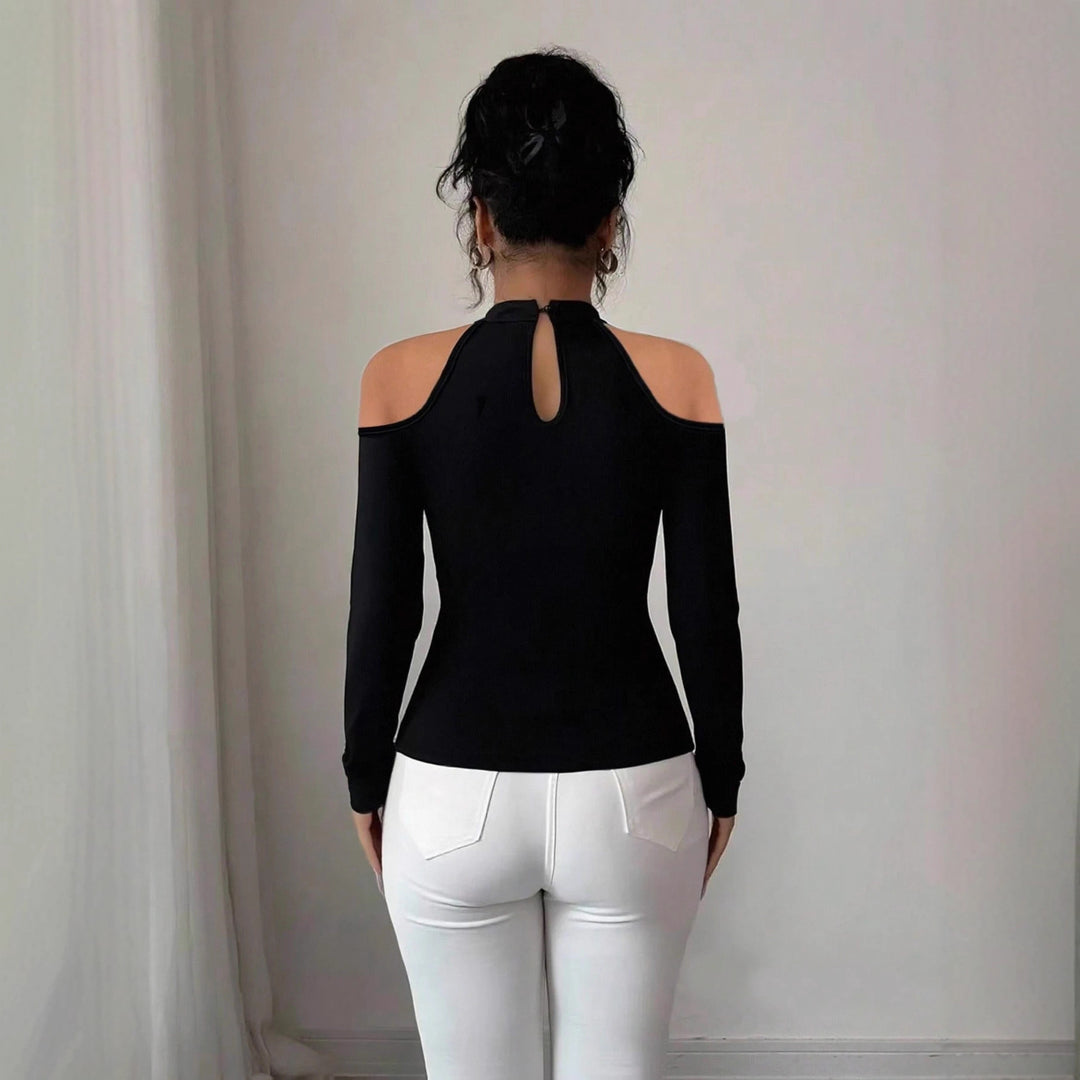 Damen nan schulterfreies Langarm-Top mit Chokerkragen, floralen Spitzenapplikationen und tailliertem Schößchen EB