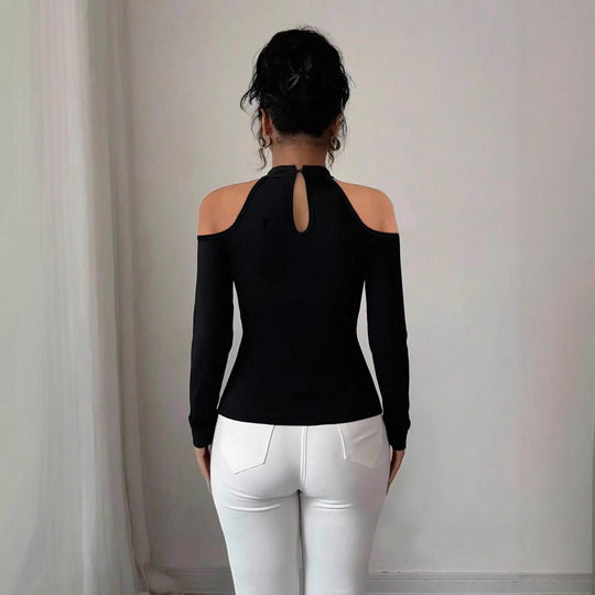 Damen nan schulterfreies Langarm-Top mit Chokerkragen, floralen Spitzenapplikationen und tailliertem Schößchen EB