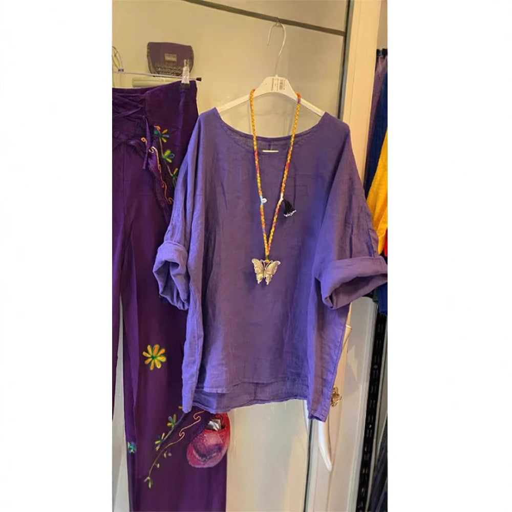 Damen Lockere Leinenbluse mit lässigem Schnitt und Rollärmeln EB
