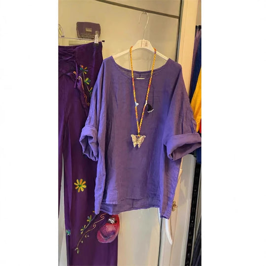 Damen Lockere Leinenbluse mit lässigem Schnitt und Rollärmeln EB