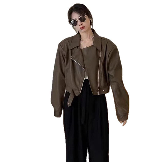 Damen Cropped-Lederjacke im stylischen Biker-Design mit asymmetrischem Reißverschluss und weichen Materialien EB