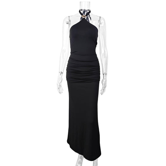 Damen Elegantes Maxi-Kleid mit sphärischem Halterneck und raffinierter Raffung EB