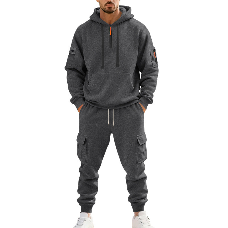 Herren nan zweiteiliges Utility-Freizeitset Hoodie mit halbhohem Reißverschluss, Ärmeltasche und Cargo-Jogginghose mit Klappentaschen EB