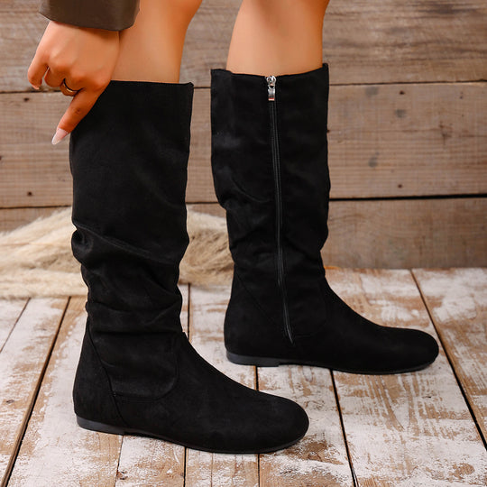 Damen kniehoher Slouch-Stiefel mit seitlichem Reißverschluss und flacher Profilsohle EB