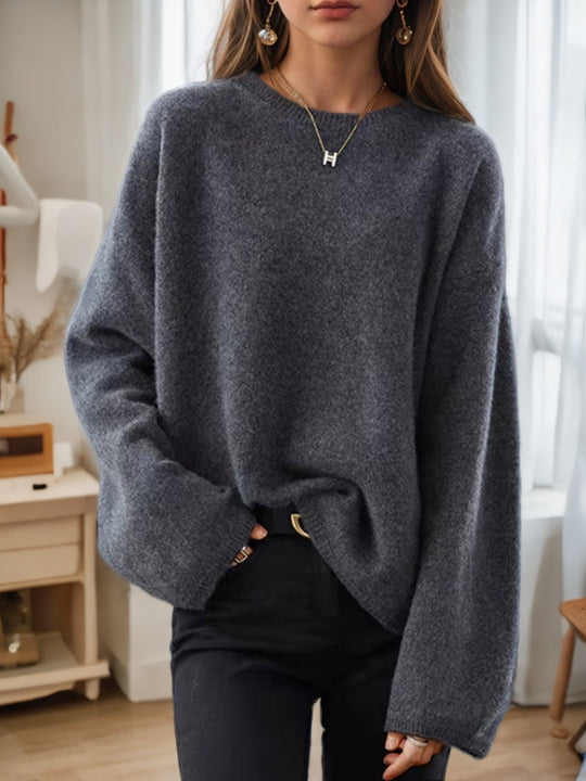Damen nan lässiger Oversize-Strickpullover mit Rundhalsausschnitt und überschnittener Schulterpartie EB