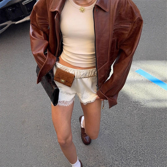 Damen lässige Kunstlederjacke im Oversized-Stil EB