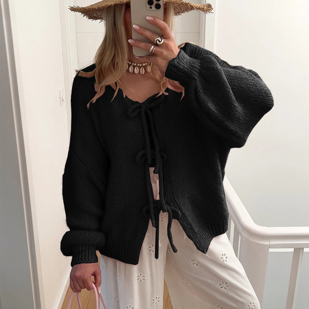 Damen Grobgestrickter Offener Cardigan mit Bindebändern, Oversize‑Silhouette und Raglanärmeln EB