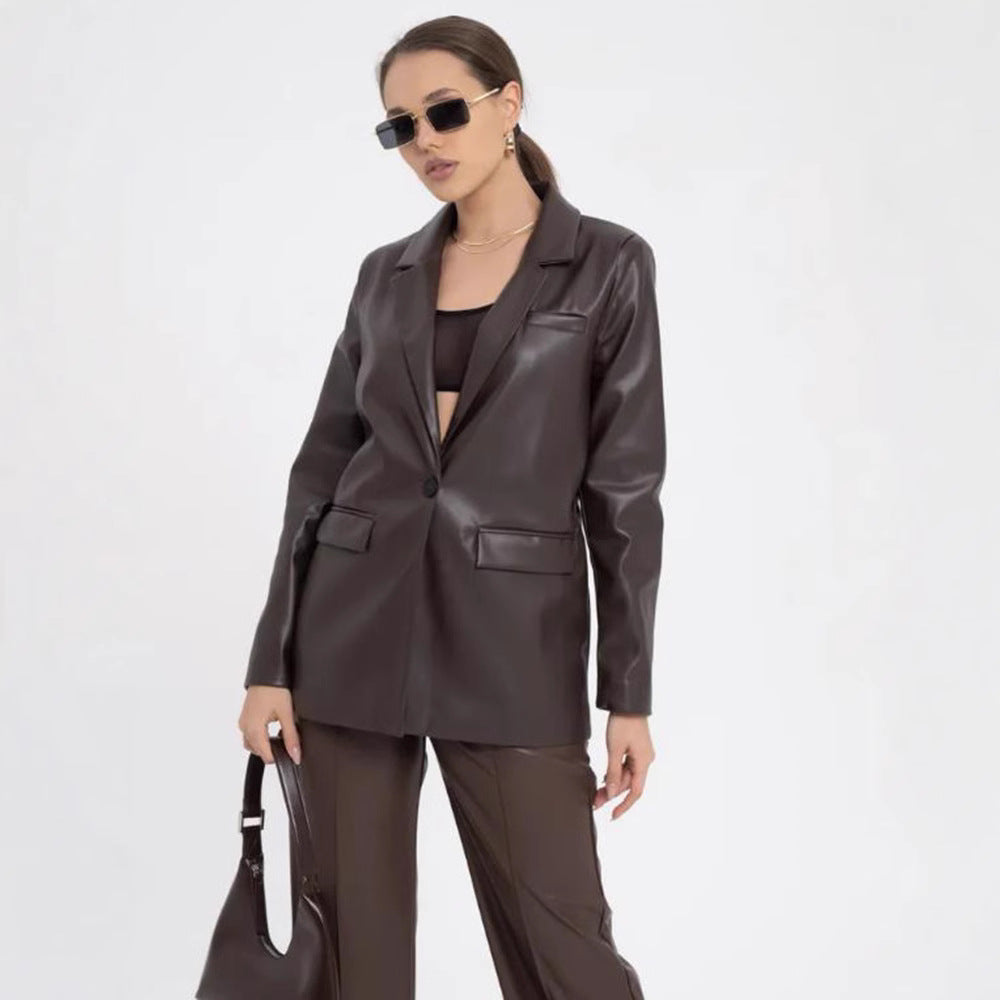 Damen minimalistische und elegante Kunstleder Blazer EB