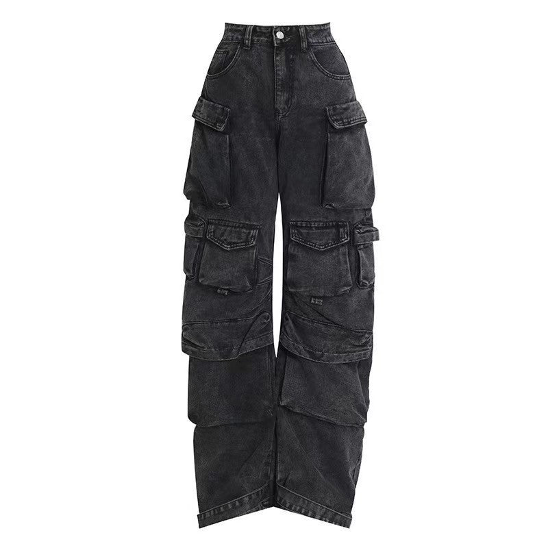 Damen weit geschnittene Cargo-Jeans mit mehreren Taschen und entspannter Passform EB