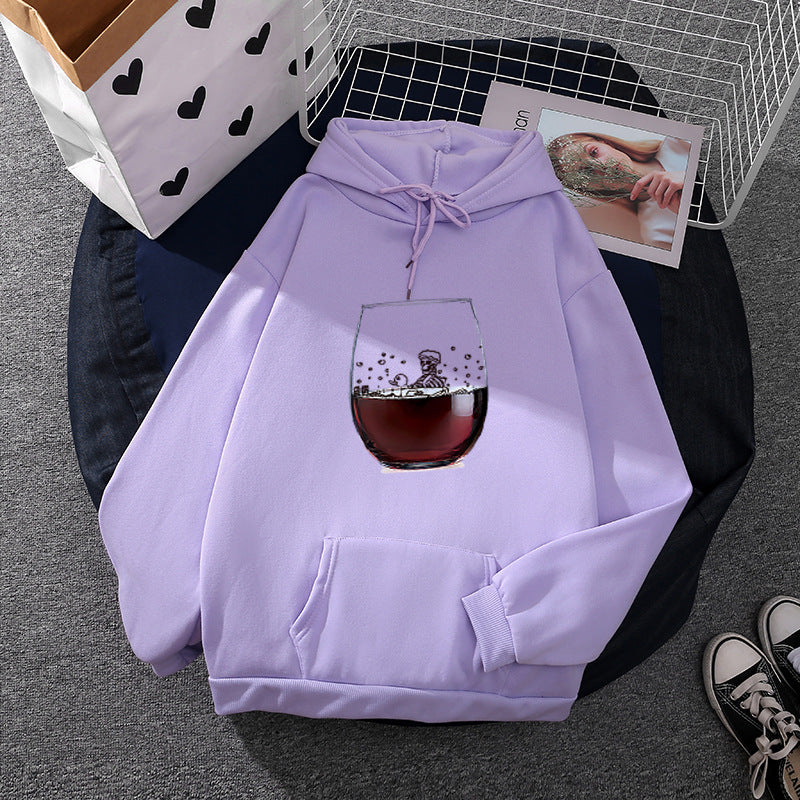 Damen nan lässiger Kapuzenhoodie mit fotorealistischer Weinglas‑Grafik, Kängurutasche und weichem Fleece EB