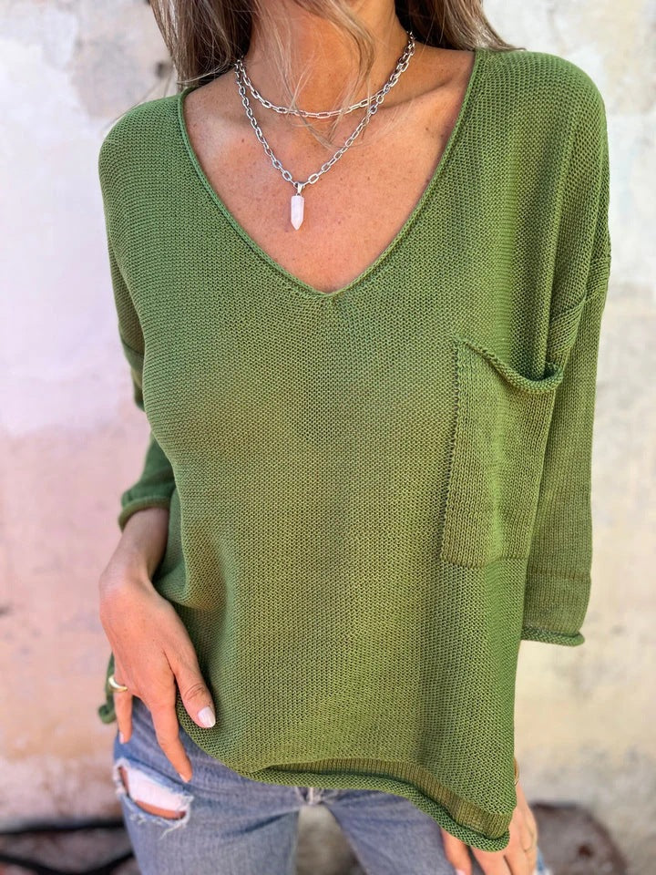 Damen Leichtes und lässiges Strickoberteil mit V-Ausschnitt und Taschen EB