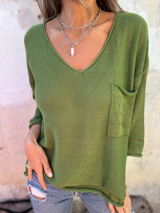 Damen Leichtes und lässiges Strickoberteil mit V-Ausschnitt und Taschen EB
