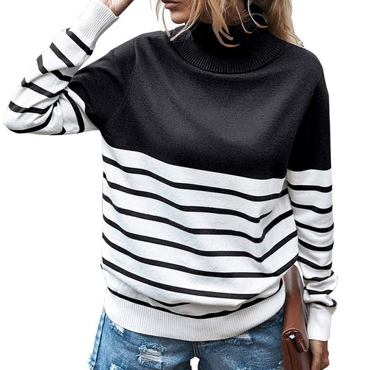 Damen gemütlicher Rollkragenpullover mit Streifenmuster EB