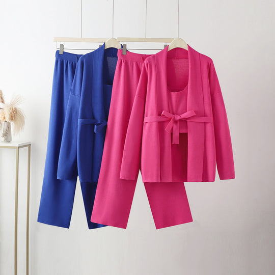Damen gemütliches Freizeit-Loungewear-Set mit Bindegürtel und weitgeschnittenen Hosen EB