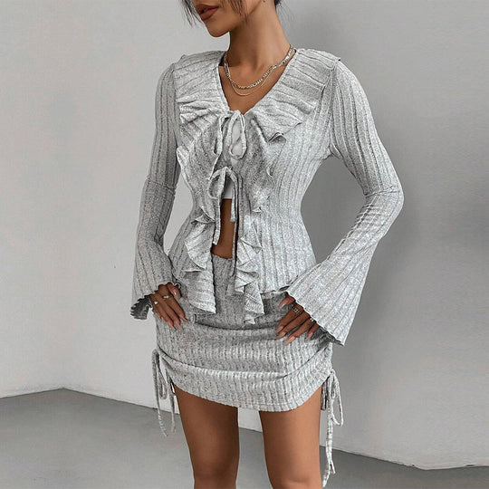 Damen gerippter Rüschencardigan mit Bindebändern und gerafftem Minirock-Set Eichborn Berlin