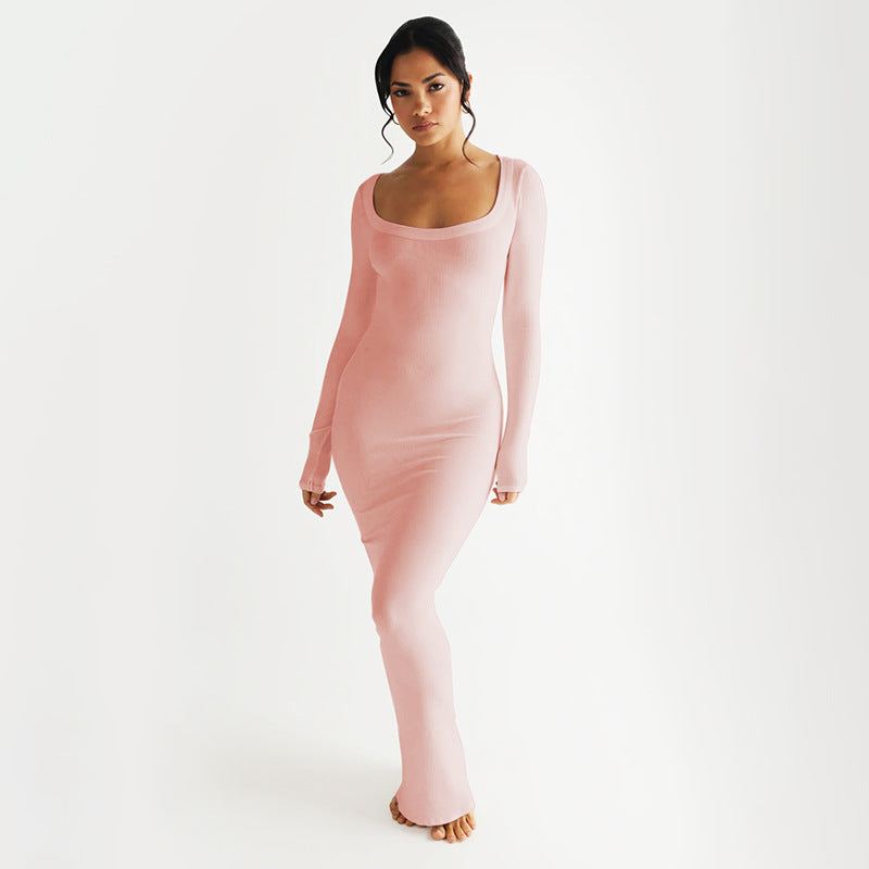 Damen Elegantes langes Kleid mit tiefem U-Ausschnitt und langen Ärmeln EB