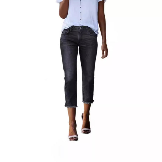 Damen nan gerade geschnittene Jeanshose in verkürzter Länge mit ausgefranstem Saum EB