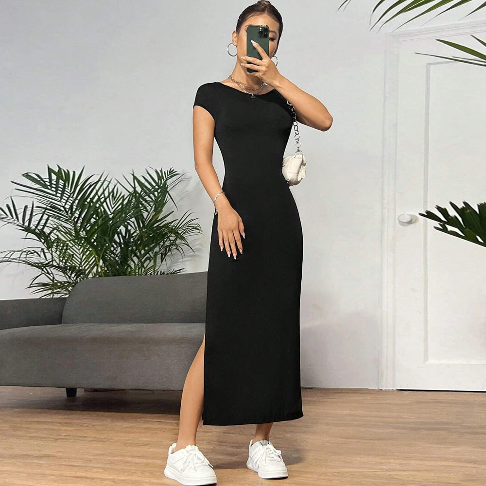 Damen figurbetontes Maxikleid mit seitlichem Schlitz und modernen Kurzärmeln EB