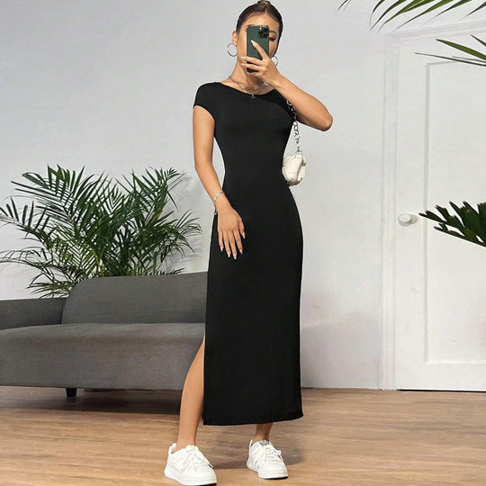 Damen figurbetontes Maxikleid mit seitlichem Schlitz und modernen Kurzärmeln EB