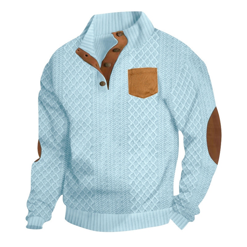 Herren Strukturiertes Kabelstrick-Sweatshirt mit Halbknopfblende, Kunstleder‑Patchtasche & Ellbogenpatches EB