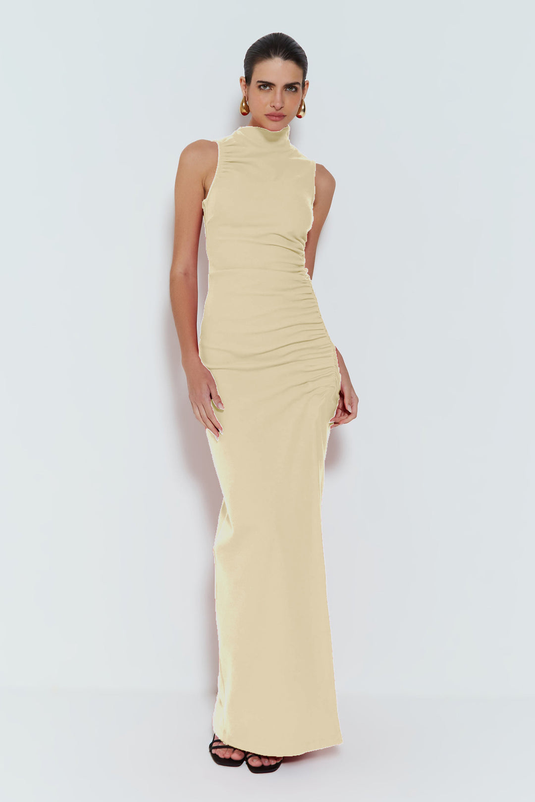 Damen Figurbetontes Maxikleid mit Stehkragen und geschmeidigem Rüschen-Design EB