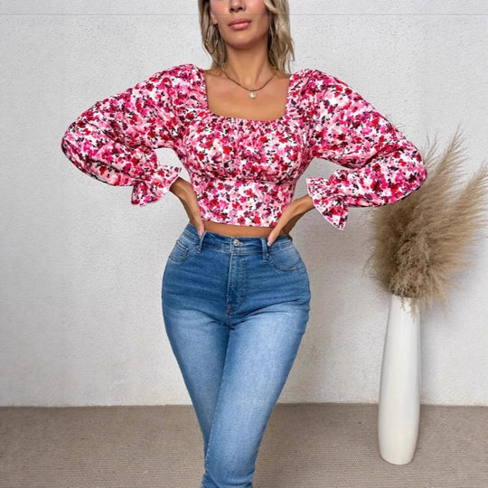 Damen Off-Shoulder Bluse mit Puffärmeln und floralen Mustern EB