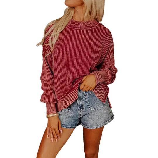 Damen lässiger Strickpullover mit strukturiertem Rippdesign EB