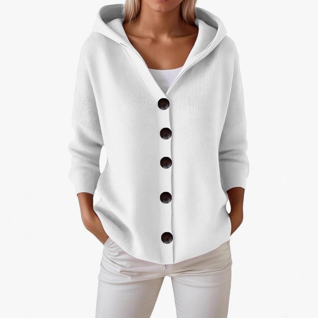Damen Kapuzen-Strickjacke mit großen Holzknöpfen und seitlichen Eingrifftaschen EB