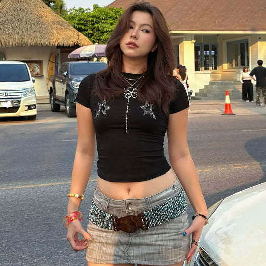 Damen Crop-Top mit glamourösen Sternenapplikationen EB