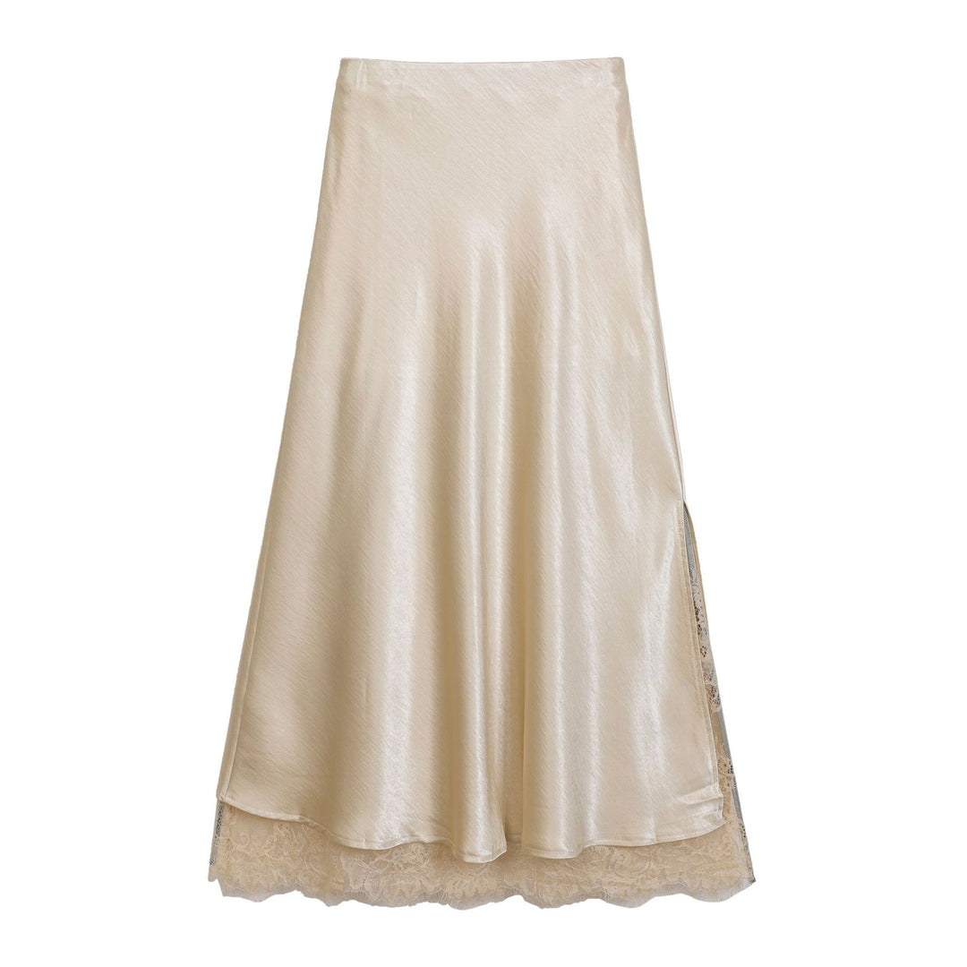 Damen  ausgestellter Satin-Midirock mit feiner Spitzenunterlage und nahtlosem Taillenbund EB