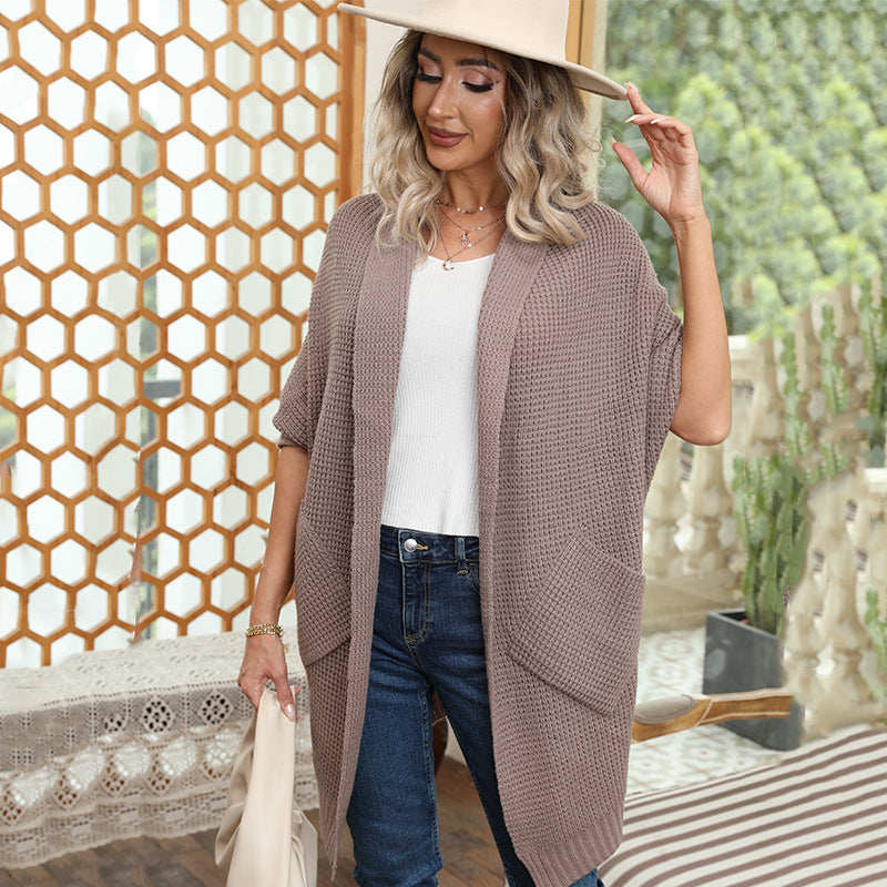Damen lässiger Strickmantel mit praktischen Taschen und offener Front EB