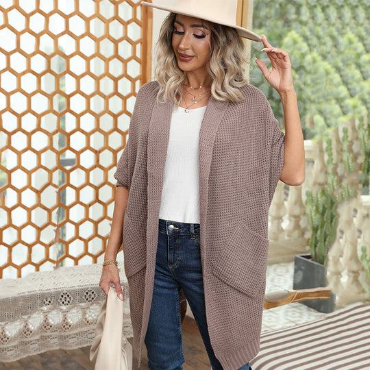 Damen lässiger Strickmantel mit praktischen Taschen und offener Front EB