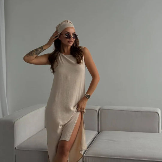 Damen Maxikleid mit elegantem Seitenschlitz und fließendem Stoff EB