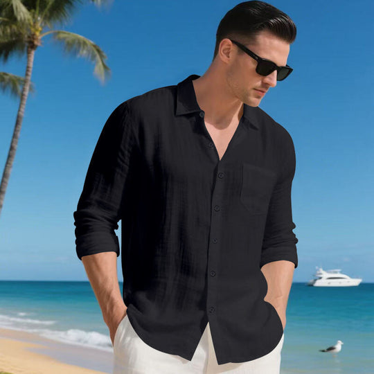 Herren Urlaubstaugliches Relax-Kragenhemd aus Leinenmix mit Brusttasche EB