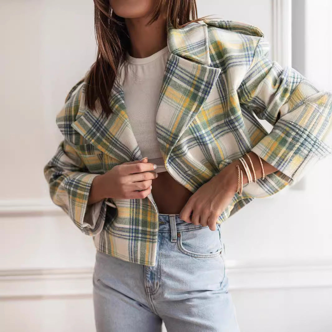Damen Karierte Cropped Jacke EB
