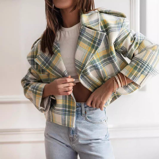 Damen Karierte Cropped Jacke EB