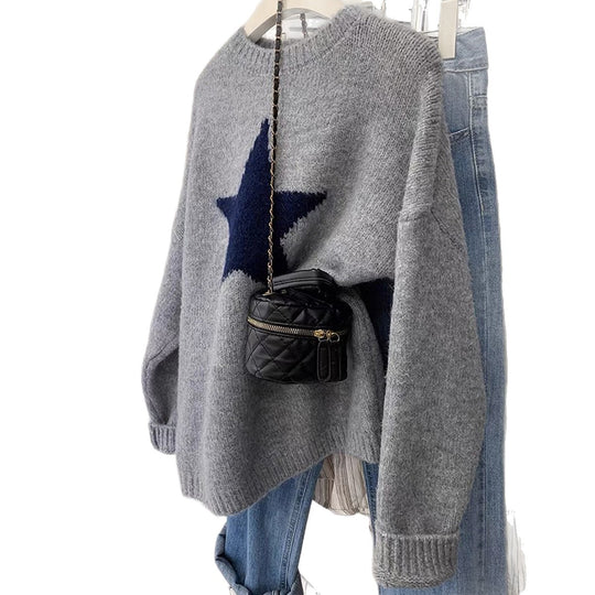Damen nan oversized Strickpullover mit markantem Sternmotiv, Rundhalsausschnitt und gerippten Bündchen EB
