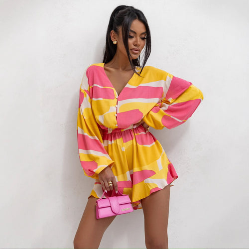 Damen Freizeit Jumpsuit mit schickem V-Ausschnitt und voluminösen Ärmeln EB