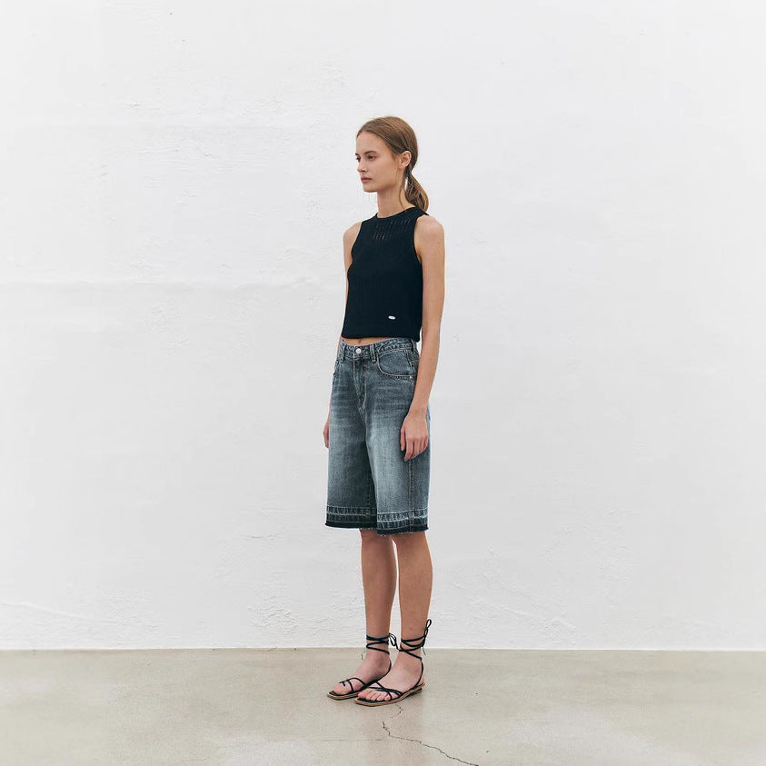 Damen Hoch taillierte Denim-Shorts mit weitem Bein und modischer Struktur EB