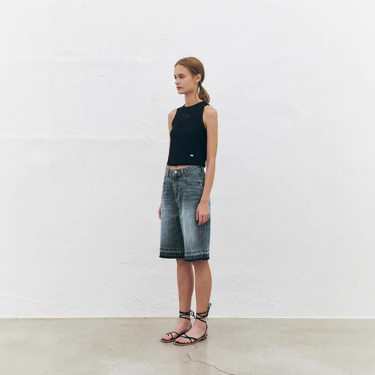 Damen Hoch taillierte Denim-Shorts mit weitem Bein und modischer Struktur EB